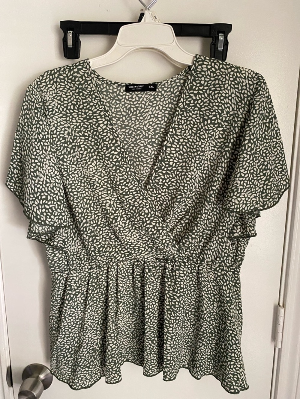 Olive Green and White Printed Wrap Peplum Blouse